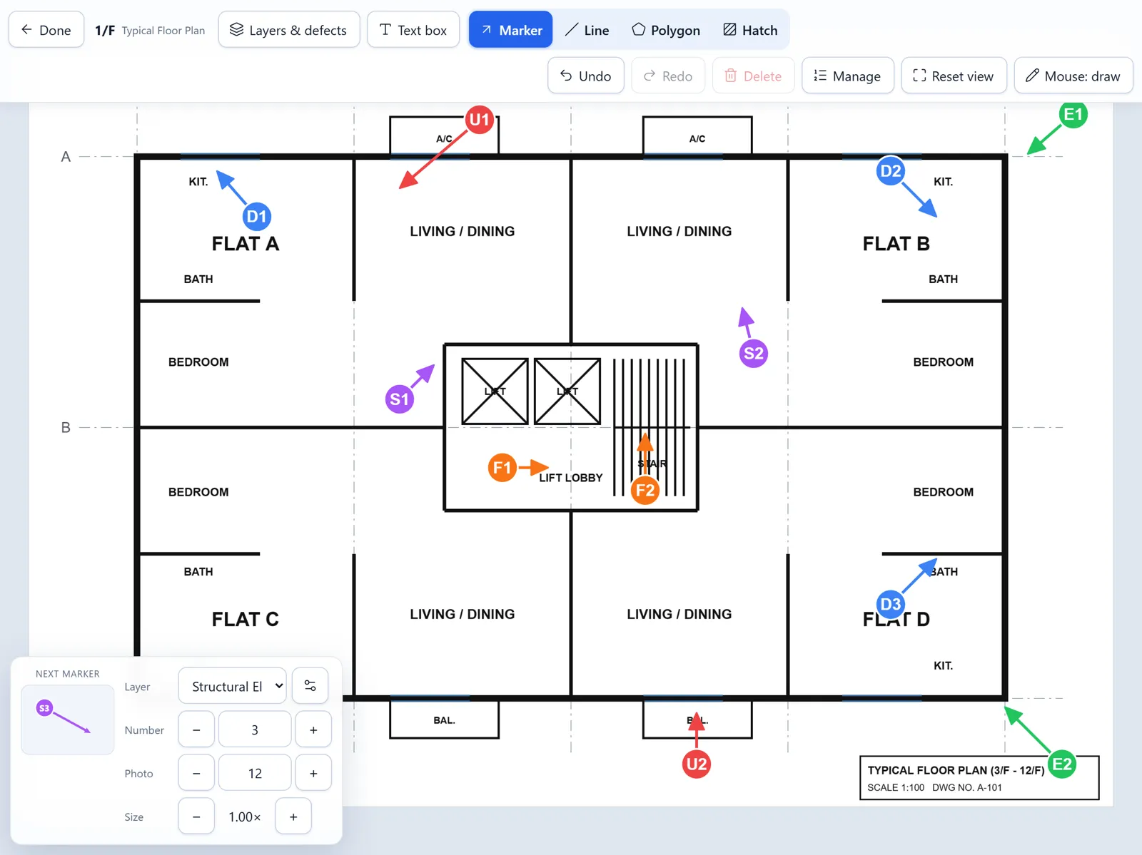 MarkPlan Pro on iPad: a typical floor plan with coloured numbered arrows for UBW, drainage, fire safety, external and structural defects
