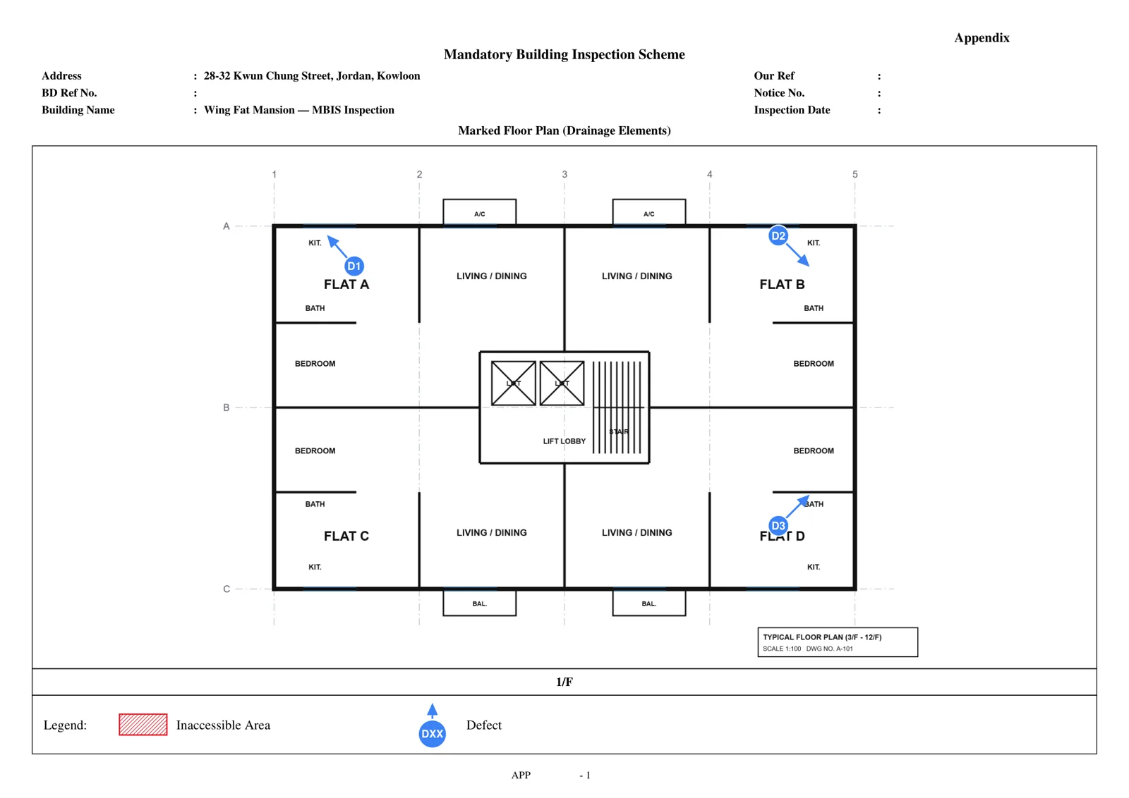 Exported A3 marked floor plan titled Mandatory Building Inspection Scheme with address, building name, floor title and defect legend